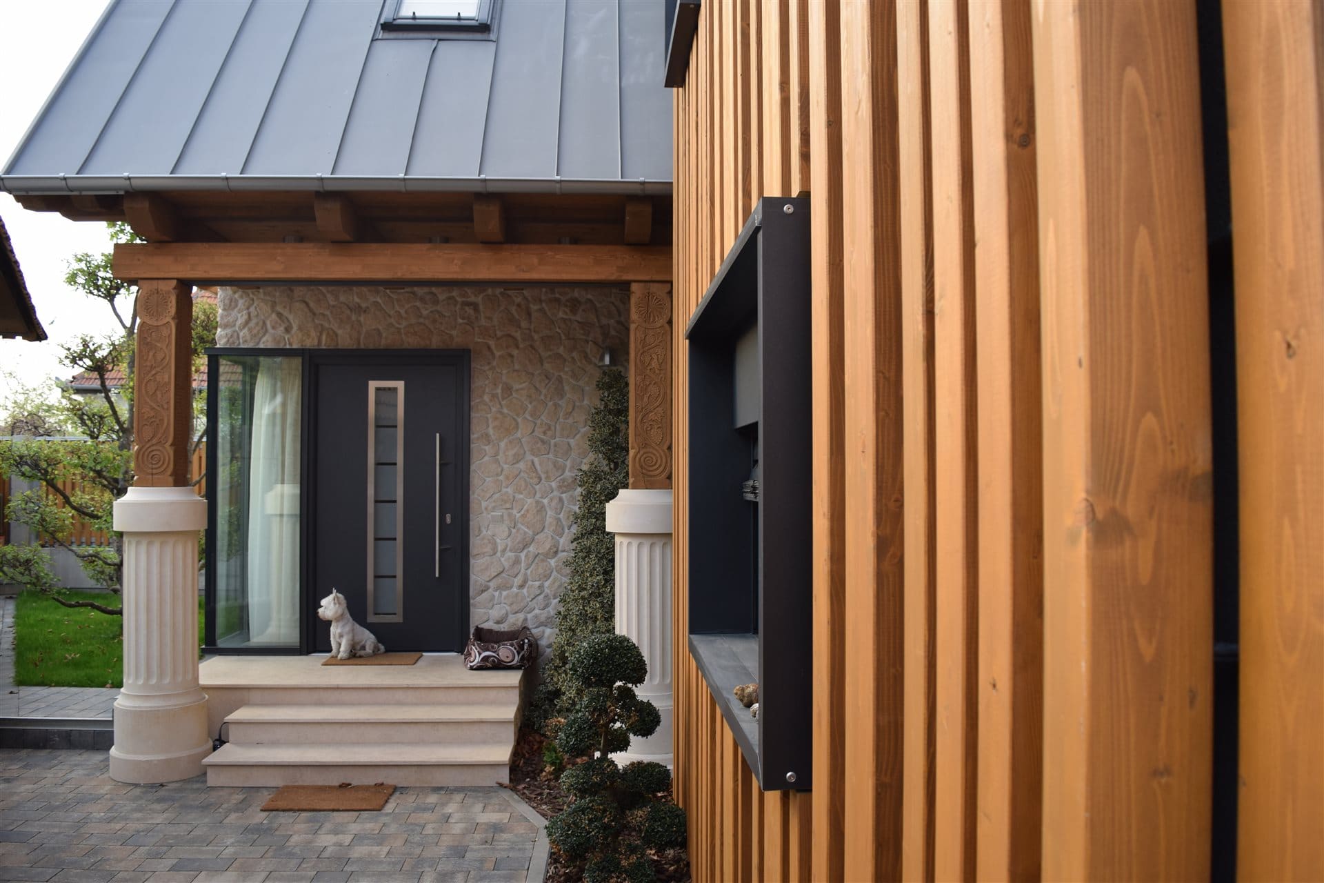 Cluj Hillside Residence — entrance and timber cladding detail